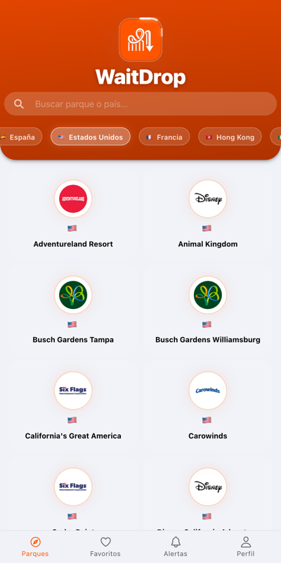Listado de parques de atracciones en WaitDrop